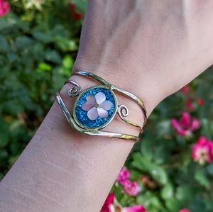 Antique Mexican Sterling Silver Bangle with Gemstone Inlay